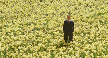 Movie still from “Big Fish” (2003), directed by Tim Burton – A man in a suit standing in a field of yellow flowers; Extreme Wide shot, High angle