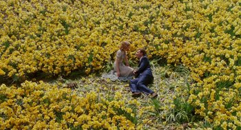 Movie still from “Big Fish” (2003), directed by Tim Burton – A man and a woman sitting in a field of yellow flowers; Wide shot, Overhead angle