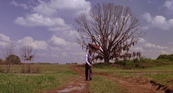 Movie still from “Big Fish” (2003), directed by Tim Burton – A man holding an umbrella in the middle of a field; Extreme Wide shot, Low angle