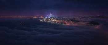 Movie still from “Big Hero 6” (2014), directed by Chris Williams – An aerial view of a city lit up at night; Extreme Wide shot, High angle