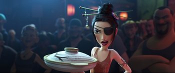 Movie still from “Big Hero 6” (2014), directed by Chris Williams – An animated woman holding a plate in front of a group of people; Close Up shot, Over the shoulder angle