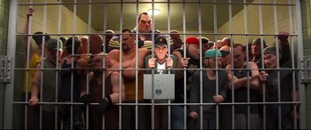 Movie still from “Big Hero 6” (2014), directed by Chris Williams – A group of people behind a jail cell; Wide shot, High angle