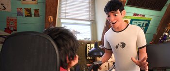Movie still from “Big Hero 6” (2014), directed by Chris Williams – A man standing next to a boy in front of a mirror; Medium shot, Over the shoulder angle