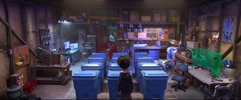 Movie still from “Big Hero 6” (2014), directed by Chris Williams – A room filled with blue trash cans and a person standing in the background; Wide shot, High angle