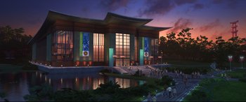 Movie still from “Big Hero 6” (2014), directed by Chris Williams – An artist's rendering of a building with a pond in front of it; Extreme Wide shot, High angle