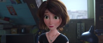 Movie still from “Big Hero 6” (2014), directed by Chris Williams – A woman with green eyes and brown hair wearing a black shirt; Close Up shot, Over the shoulder angle
