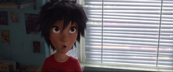 Movie still from “Big Hero 6” (2014), directed by Chris Williams – A person's face in front of a window; Close Up shot, Low angle