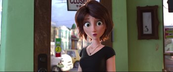 Movie still from “Big Hero 6” (2014), directed by Chris Williams – A woman with big green eyes is standing in front of a store; Close Up shot, Over the shoulder angle