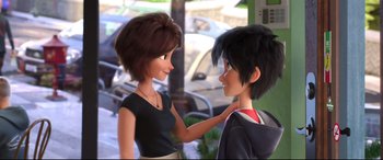 Movie still from “Big Hero 6” (2014), directed by Chris Williams – A woman holding a boy's hand while standing next to him; Close Up shot, Over the shoulder angle