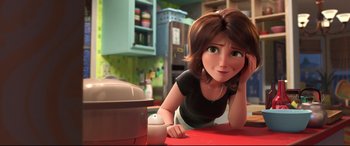 Movie still from “Big Hero 6” (2014), directed by Chris Williams – A woman laying on the counter in a kitchen; Close Up shot, Over the shoulder angle