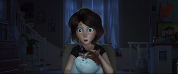 Movie still from “Big Hero 6” (2014), directed by Chris Williams – A woman sitting in a chair holding a cat; Close Up shot, Over the shoulder angle