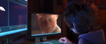 Movie still from “Big Hero 6” (2014), directed by Chris Williams – A person sitting in front of a computer monitor; Close Up shot, Over the shoulder angle