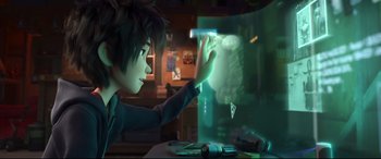 Movie still from “Big Hero 6” (2014), directed by Chris Williams – A boy is looking at a computer screen; Medium shot, Over the shoulder angle