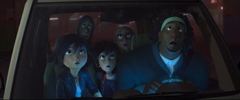 Movie still from “Big Hero 6” (2014), directed by Chris Williams – A group of people sitting in a car looking out of the window; Medium shot, Low angle