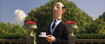 Movie still from “Big Hero 6” (2014), directed by Chris Williams – A man in a suit holding a cup of coffee; Medium shot, Low angle