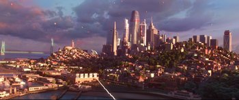 Movie still from “Big Hero 6” (2014), directed by Chris Williams – An aerial view of a large city with a lot of skyscrapers; Extreme Wide shot, High angle