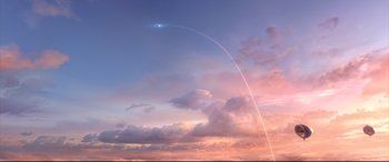 Movie still from “Big Hero 6” (2014), directed by Chris Williams – An airplane is flying in the sky at sunset; Extreme Wide shot, Overhead angle