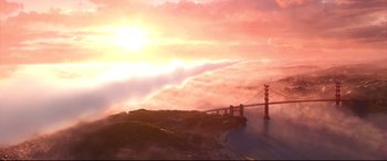 Movie still from “Big Hero 6” (2014), directed by Chris Williams – A view of the golden gate bridge from a helicopter; Extreme Wide shot, Low angle