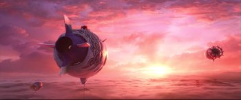 Movie still from “Big Hero 6” (2014), directed by Chris Williams – An airplane is flying in the sky at sunset; Extreme Wide shot, Low angle