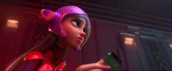 Movie still from “Big Hero 6” (2014), directed by Chris Williams – A woman in a helmet looking at a cell phone; Close Up shot, Low angle