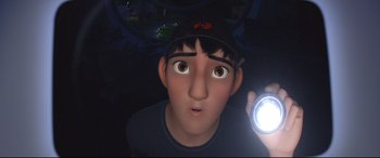 Movie still from “Big Hero 6” (2014), directed by Chris Williams – A person holding a flashlight in front of their face; Close Up shot, Low angle
