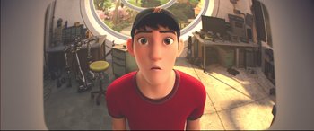 Movie still from “Big Hero 6” (2014), directed by Chris Williams – An animated boy in a red t - shirt and black hat; Close Up shot, Over the shoulder angle
