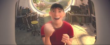 Movie still from “Big Hero 6” (2014), directed by Chris Williams – A man in a red t - shirt and a black hat; Close Up shot, Low angle
