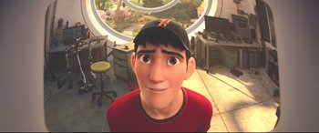 An animated character is looking at the camera