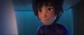 Movie still from “Big Hero 6” (2014), directed by Chris Williams – A person's face in a cartoon; Close Up shot, Over the shoulder angle