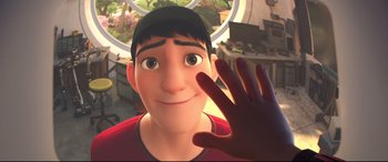 Movie still from “Big Hero 6” (2014), directed by Chris Williams – A man with his hand up in the air; Close Up shot, Over the shoulder angle