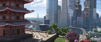 Movie still from “Big Hero 6” (2014), directed by Chris Williams – An aerial view of a large city with skyscrapers; Extreme Wide shot, High angle