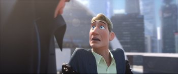 Movie still from “Big Hero 6” (2014), directed by Chris Williams – A man in a business suit talking to another man in a business suit; Close Up shot, Over the shoulder angle