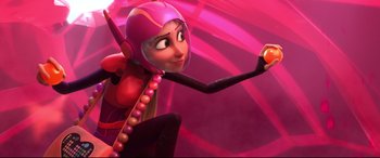 Movie still from “Big Hero 6” (2014), directed by Chris Williams – A woman in a helmet holding an orange in her hand; Medium shot, Low angle