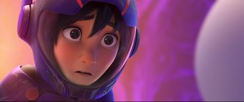 Movie still from “Big Hero 6” (2014), directed by Chris Williams – A person with a helmet on; Close Up shot, Overhead angle