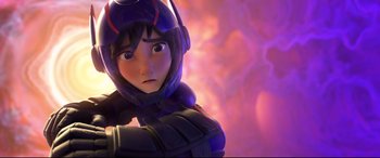 Movie still from “Big Hero 6” (2014), directed by Chris Williams – A person with a helmet on; Close Up shot, Low angle