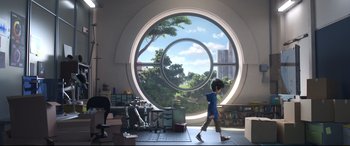 Movie still from “Big Hero 6” (2014), directed by Chris Williams – A person walking in front of a large round window; Wide shot, Low angle
