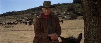 Movie still from “Big Jake” (1971), directed by George Sherman – An older man in a cowboy hat is standing next to a herd of sheep; Medium shot, Low angle