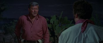 Movie still from “Big Jake” (1971), directed by George Sherman – A man standing next to another man in front of a cactus plant; Medium shot, Over the shoulder angle
