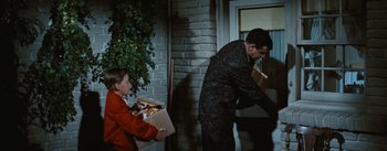 Movie still from “Bigger Than Life” (1956), directed by Nicholas Ray – A man and a boy holding boxes of food; Medium shot, High angle