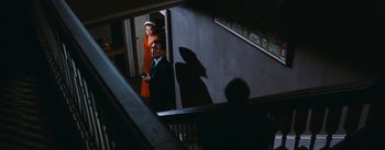 Movie still from “Bigger Than Life” (1956), directed by Nicholas Ray – A man and a woman standing in a stairwell; Wide shot, Low angle