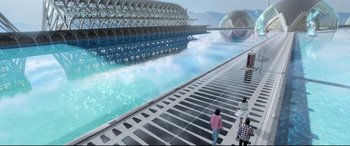 Movie still from “Bill & Ted Face the Music” (2020), directed by Dean Parisot – An image of a futuristic scene with people walking down the street; Extreme Wide shot, High angle