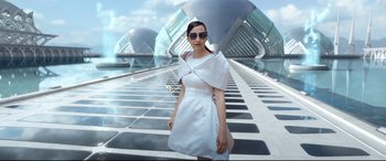 Movie still from “Bill & Ted Face the Music” (2020), directed by Dean Parisot – A woman in a white dress standing on a bridge; Wide shot, Low angle