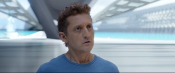 Movie still from “Bill & Ted Face the Music” (2020), directed by Dean Parisot – A person wearing a blue t - shirt; Close Up shot, Over the shoulder angle