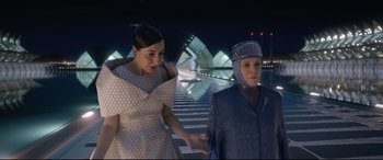 Movie still from “Bill & Ted Face the Music” (2020), directed by Dean Parisot – Two women are standing next to each other; Medium shot, Low angle