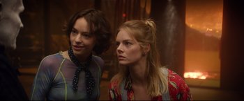 Movie still from “Bill & Ted Face the Music” (2020), directed by Dean Parisot – Two women standing next to each other in front of a window; Close Up shot, Over the shoulder angle