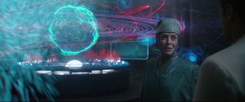 Movie still from “Bill & Ted Face the Music” (2020), directed by Dean Parisot – A woman standing in front of a space ship; Medium shot, Over the shoulder angle