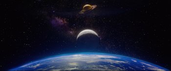 Movie still from “Bill & Ted Face the Music” (2020), directed by Dean Parisot – An image of an earth and a moon in space; Extreme Wide shot, Low angle