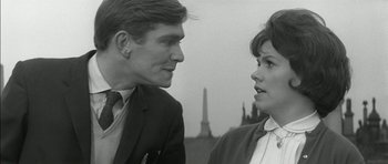 Movie still from “Billy Liar” (1963), directed by John Schlesinger – A man and a woman talking to each other; Close Up shot, Low angle