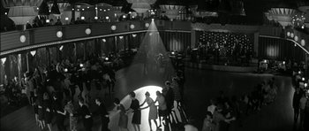 Movie still from “Billy Liar” (1963), directed by John Schlesinger – A black and white photo of people dancing in a ballroom; Extreme Wide shot, High angle