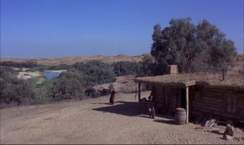 Movie still from “Billy Two Hats” (1974), directed by Ted Kotcheff – Two people are standing in front of a hut; Extreme Wide shot, High angle